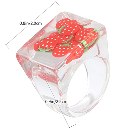 Holibanna Anéis de resina transparentes com pingentes de morango preenchidos com dedo, anel de dedo