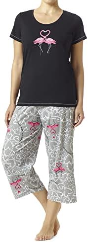 HUE Women's Printed Knit Short Sleeve Tee and Capri 2 Piece Pajama Set, Black-Flamin Go Together, Large