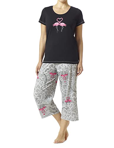 Hue Women's Printed Knit Short Sleeve Tee And Capri 2 Piece Pajama Set, Black-Flamin Go Together, Large #TOP7