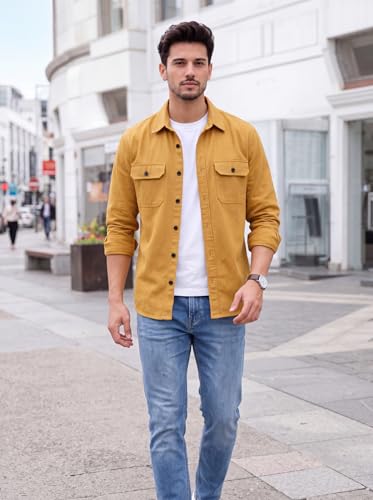 Image of Amazon Brand - INKAST Men's Cotton Blend Button Down Shirt | Long Sleeve Casual Lightweight Breathable Collared Shirts | Soft Comfortable Everyday Wear |Two Flap Chest Pockets |Using like Jacket Shirt