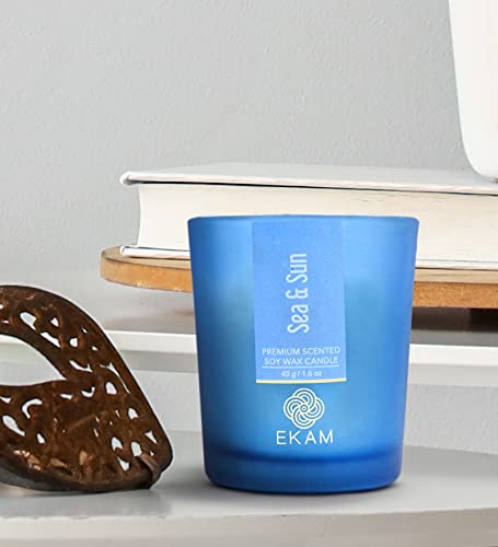 Image of EKAM Sea & Sun Votive Soy Wax Scented Candle, 40 Grams, 10 Hours Burn Time| Long Lasting Premium Candles | Ideal for Home Decor | Gifting & Aromatherapy (Pack of 9)