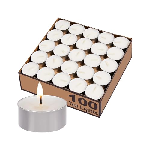 FEELINGS Tealight Candles 100 Pack - White | 4 Hour Long Burning Smokeless | Soft Scented Natural Palm Wax Cotton Wick Dripless Mini Tea Light for Wedding Home Décor