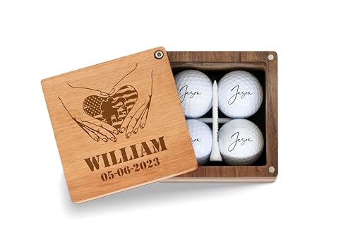 BOBI CARE Custom Heart Hand Love US Veteran Army Gift Ideas Golfer's Wooden Gift Box, Personalized Army Gifts for dad Golf Storage Wooden Box, Engraved Mens Retirement Gifts 2023 Golf Gift Set