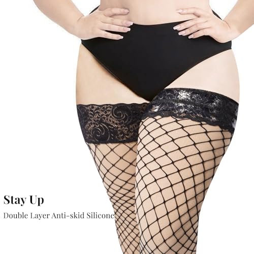 Moon Wood Plus Size Fishnet Stockings Womens Sheer Silicone Lace Top Stay Up Lingerie Fishnets Thigh Highs Stockings3