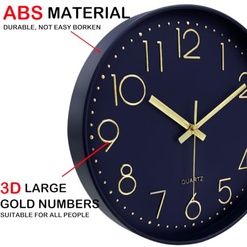Image of 14Inch Navy Blue Silent Wall Clock Battery Operated Clocks for Home | Non-ticking Analog Clock with Tempered Glass & Large Numbers, Wall Clocks for Living Room, Bedroom, Office and Kitchen Decor