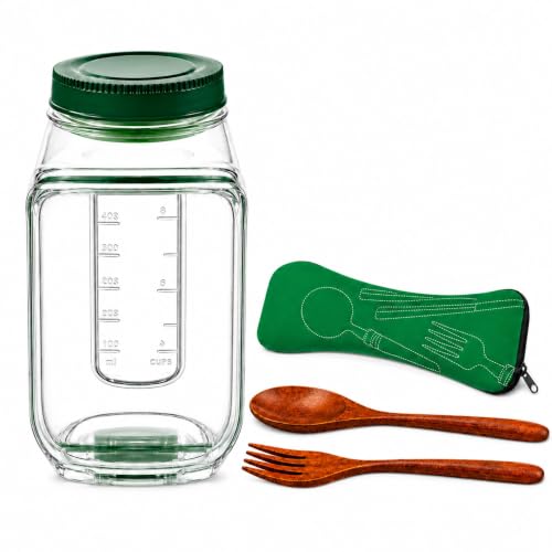VICFANI Salad Jar with Side Opening, Pod Airtight, Mason Pot, 34 oz Leakproof Container, BPA-Free Meal Prep Bowl with 2.5 oz Dressing Cup, Reusable Wooden Fork & Spoon Set with Case, Dishwasher Safe.