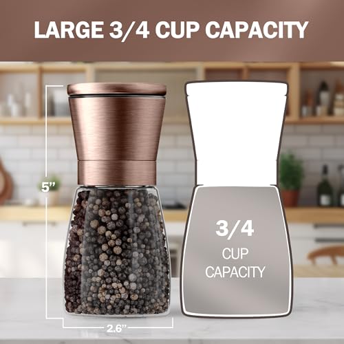 Image of Home EC Original Copper Salt and Pepper Grinder Set of 2 - Adjustable Ceramic Grinder - Glass Salt and Pepper Shakers With Funnel and Ebook - Kitchen Spice Mill - Copper Kitchen Accessories