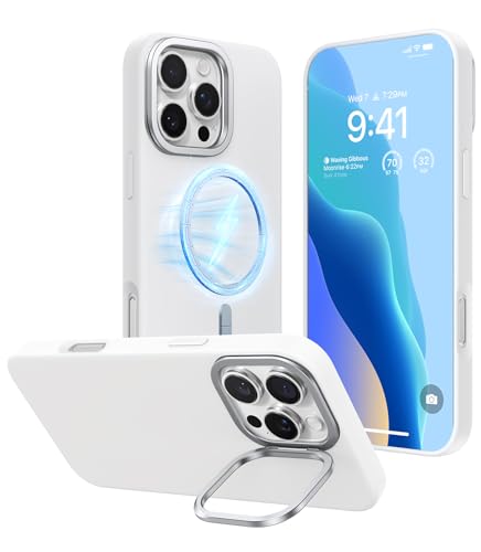 TORRAS Compatible with iPhone 16 Pro Case, Liquid Silicone Case with Stand, Compatible with MagSafe, Built-in Stash Stand, Soft Grip Shockproof 16 Pro case, Anti-Scratch Microfiber Lining, Milky White