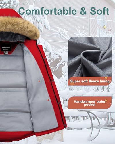Image of Boy's Winter Coat Waterproof Kids Puffer Jacket Thicken Parka Fleece Lined Bubble Ski Snow Outerwear with Fur Hood