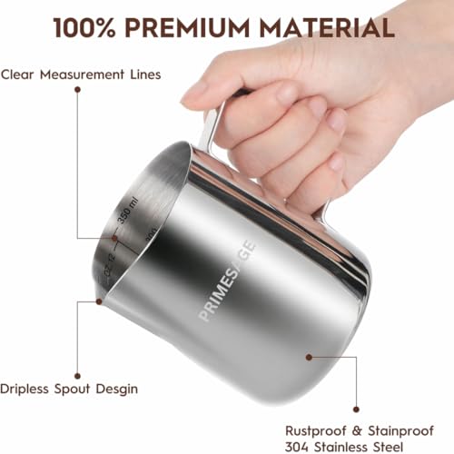 Image of PRIMESAGE Milk Pitcher - 350 ML Coffee Frother Mug Milk Frothing Pitcher Coffee Accessories Milk Frother Pitcher Milk Pitcher for Latte Art
