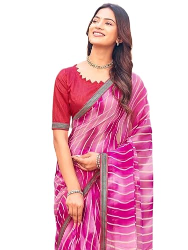 Image of SIRIL Women's Georgette Leheriya Printed Embroidery Lace Boarder Saree With Unstitched Blouse Piece