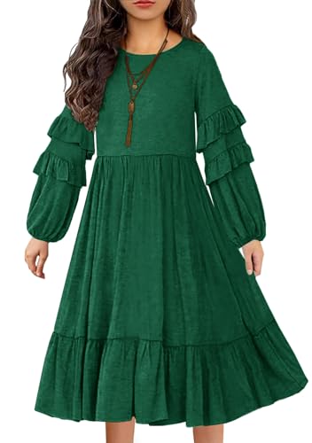 MITILLY Girls Boho Long Sleeve Dress Crewneck Ruffle Swing Casual Loose Flowy Tiered Midi Fall Winter Dress with Pockets
