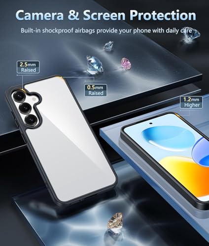 Image of ClearBlack Transparent Back Cover for Samsung Galaxy S25, Anti-Yellow Clear Polycarbonate Hard Back with Black TPU Bumper, Shockproof Hybrid Case, Anti-Scratch 360 Protection Mobile Cover