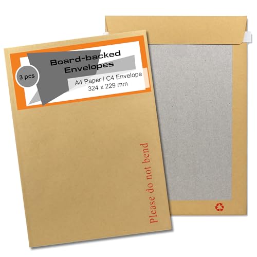 Image of 3 Pcs, Do Not Bend Envelope, 324mm x 229mm A4 Hardback Envelopes, Brown/Manilla Hard Board Backed Envelopes with Peel & Seal Strip
