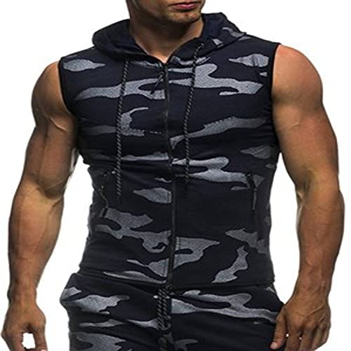 Herren Sport Weste Ärmellos Hoodie Gym Sweatshirt Slim Fit Zipper Top Outdoor Camouflage Weste Gr. L, blau Cover