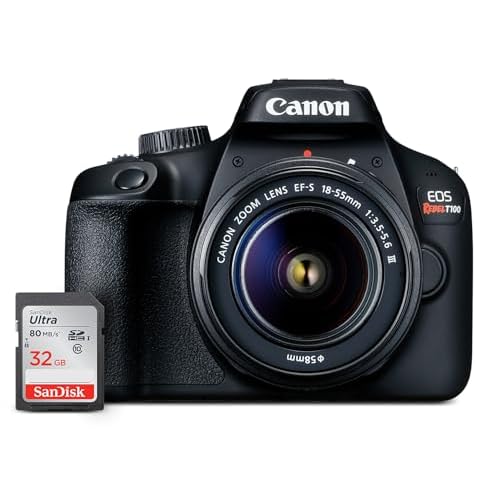 Canon EOS Rebel T100 DSLR Camera with EF-S 18-55mm f/3.5-5.6 III Lens, 18MP APS-C CMOS Sensor, Built-in Wi-Fi, Optical Viewfinder, Impressive Images & Full HD Videos, Includes 32GB SD Card