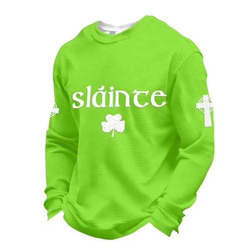 White St Patricks Day Shirt Men,St Patricks Day Shirt Men Waffle Long Sleeve Shamrock Irish Saint Pattys Tops Plus Size Crewneck Casual Sweatshirts(Xx-Large,Greens)