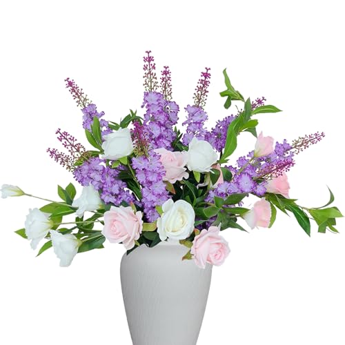 La.Ponee LAAF-240715-02 Premium Silk Flower Arrangements, Purple Lavenders Fake Larkspur Pink & White Roses, Artificial Flower Bouquets cover