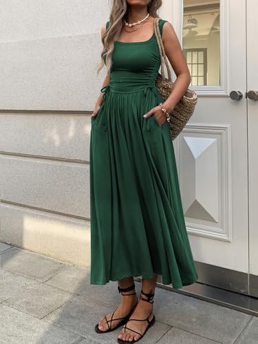 Image of Mieazom Women's Boho Summer Maxi Dress with Pockets, Adjustable Waist, Sleeveless Casual Ruched Sundress for Beach Vacation