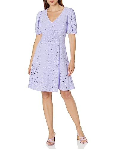 London Times Women's Plus Size V-Neck Smocked Waist Fit And Flare Dress Casual Summer Vacation Easy To Wear, Violet Tulip #TOP21