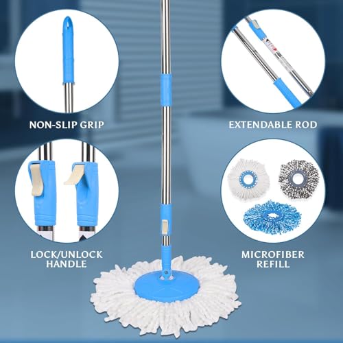 Image of Spin Mop Stick Rod with Microfiber Refill, Adjustable Long Metal Handle, Easy Grip, for Wet Floor Household Industrial Cleaning