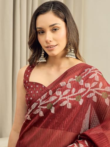 Image of AKHILAM Women's Cotton Printed Ready To Wear Saree With Unstitched Blouse Piece