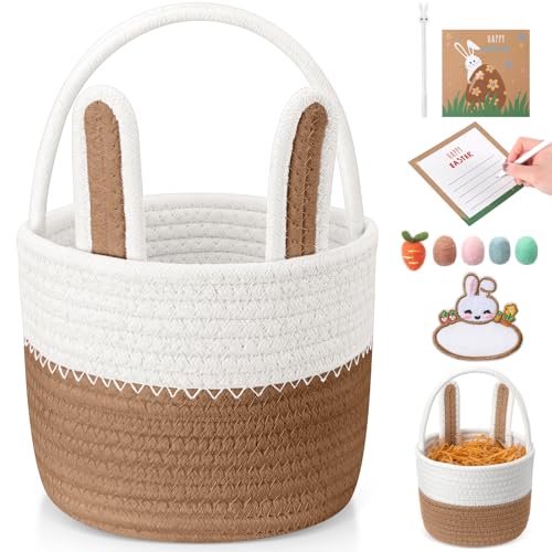 Image of SiliFine Small Easter Baskets Set Woven Easter Basket with Name Tag Detachable Rabbit Ear Rustic Bunny Basket for Kids Girl Boy Baby Party Decoration Supplies(Brown)