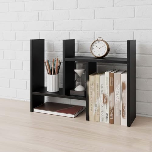 Image of Adjustable Wooden Desktop Bookshelf, Expandable Office Storage Rack, Modern Rectangular Design, Engineered Wood, Glossy Finish (Black)
