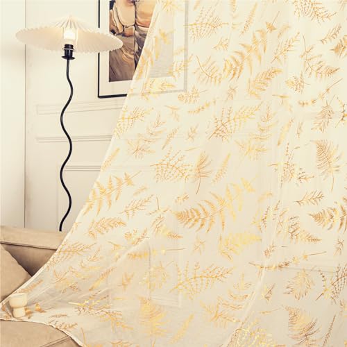 Deeprove Cream Sheer Curtains 84 Inches Long 2 Panels Set, Gold Foil Tropical Leaves Print Farmhouse Window Treatments for Nursery Bedroom, Golden Privacy Light Filter Drapes Pair, 52 W x 84" L