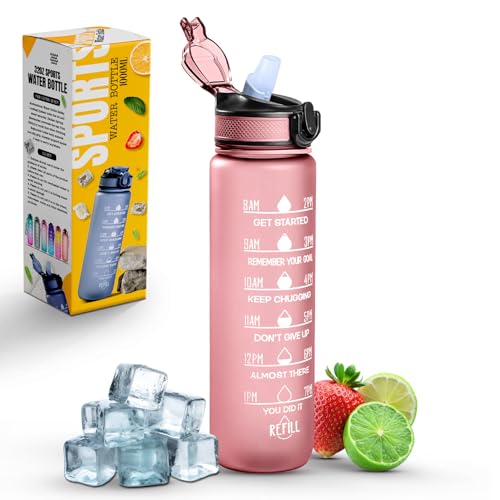 Roe Tenpo Sports Water Bottle with Straw and Time Marking, and 32OZ Capacity - Motivational and Eco-Friendly BPA-Free Bottle for Running, Gym, Yoga, Outdoors, and Camping (Style-1, Pink)