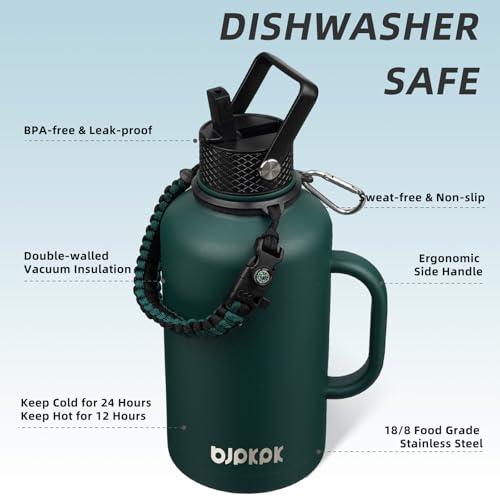 Image of BJPKPK Half Gallon Insulated Water Bottles with Straw Lid & Side Handle, 64oz Large, Stainless Steel Water Bottles with 3 Lids and Paracord Strap, Metal Water Jug,Army Green