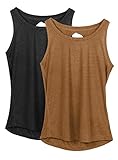 icyzone Yoga Tops Activewear Workout Clothes Open Back Fitness Racerback Tank Tops for Women (L, Black/Golden Brown)