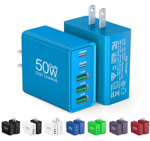 Image of [2-Pack] USB C Wall Charger, 50W USB C Charger Block 5-Port PD Fast Charging Blocks,2USB C+3USB A Multiport Plug,Type C Power Adapter Brick Cube for iPhone17 /16 /15 /14 /Pro,iPad,Samsung,for Switch（Blue）