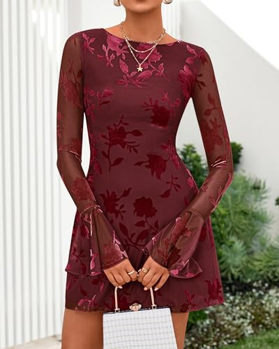 BTFBM Women Floral Wedding Guest Dress Fall 2025 Casual Long Sleeve Crew Neck Flowy Party Cocktail Mini Dresses4