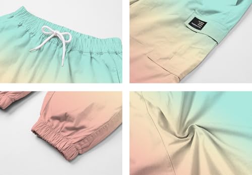 Image of Betusline Girls 2 Piece Set, White Cute Short Sleeve Crop Tops + Green Pink Gradient Cargo Jogger Pants Clothes, 4-5T = Tag 120