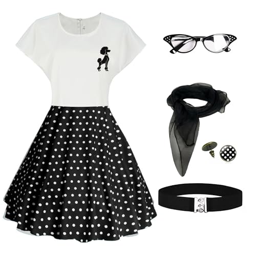 Uezjymi 1950s Poodle Skirts Sock hop Outfits Women 50s Poodle Dress with Belt Glasses Earrings and Scarf(Z3755BK,L)