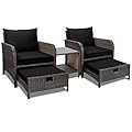 LEVELEVE Balcony Furniture 5 Piece Patio Conversation Set, PE Wicker Rattan Outdoor Lounge Chairs with Soft Cushions 2 Ottoman&Glass Table for Porch, Lawn-Brown Wicker?Black