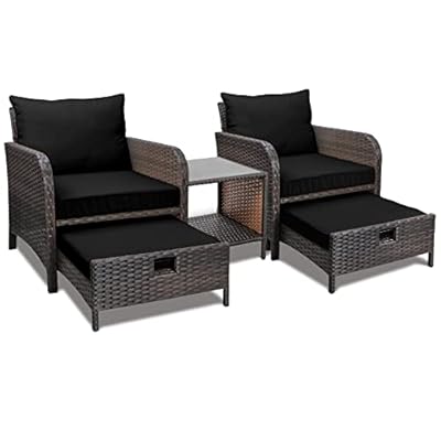 LEVELEVE Balcony Furniture 5 Piece Patio Conversation Set, PE Wicker Rattan Outdoor Lounge Chairs with Soft Cushions 2 Ottoman&Glass Table for Porch, Lawn-Brown Wicker?Black