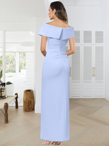 VCCICANY Satin Mother of The Bride Dresses for Women Tea Length Off Shoulder Mermaid Ruched Long Formal Gown with Slit2