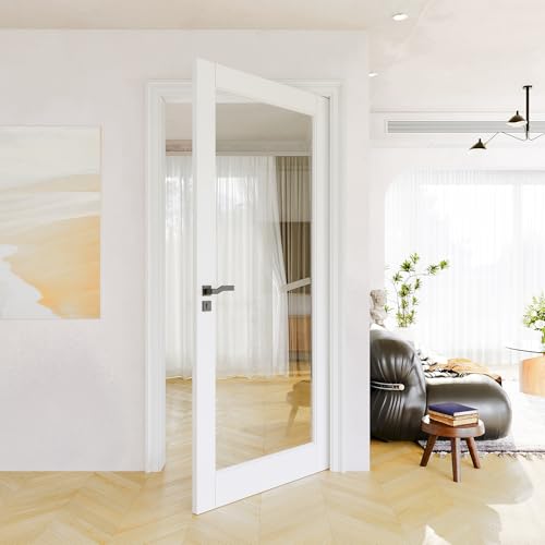 36x80 CARB P2 Solid Core & Pre-Finished Thick SGCC Clear Glass Doors Interior Door for House Full Glass Swing Shaker w/o Prehung Jamb Barn Door Slab Wood Panel for Closet Bedroom Doors