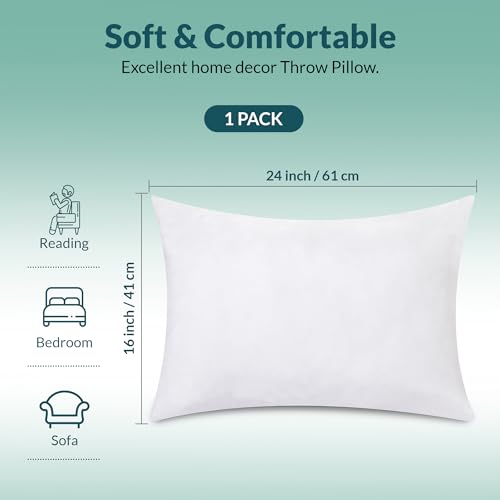 Image of ROYALE LINENS 16 x 24 Pillow Insert - Down Alternative Throw Pillows Insert - Rectangle Pillow Pack of 1 White - Bed & Couch Pillows - Inner Cushion for Bed, Cushion for Living Room - Shams Stuffer