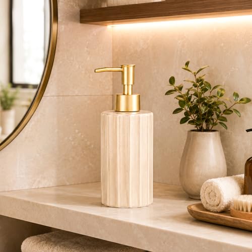 Image of MARKET 99 Beige Stoneware Soap Dispenser (320 ML) | Glossy Liquid Soap & Lotion Holder | Round Grooved Bathroom Countertop Accessory for Hand Wash, Vanity & Wash Basin