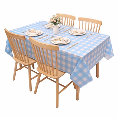 Image of Kesfey 3 Packs Light Blue Gingham Tablecloth Pale Blue and White Checkered Tablecloths 54 x 108 Inches Disposable Plastic Gingham Tablecovers Waterproof Rectangle Picnic Table Cover for Birthday Party
