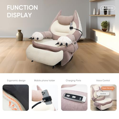 Image of INGREM Smart Recliner with Adjustable Settings, Voice-Activated Home Theater Gaming Seat Rocker, Electric Lounge Chair Featuring USB Port ,Phone Holder and Cat Claw Armrest
