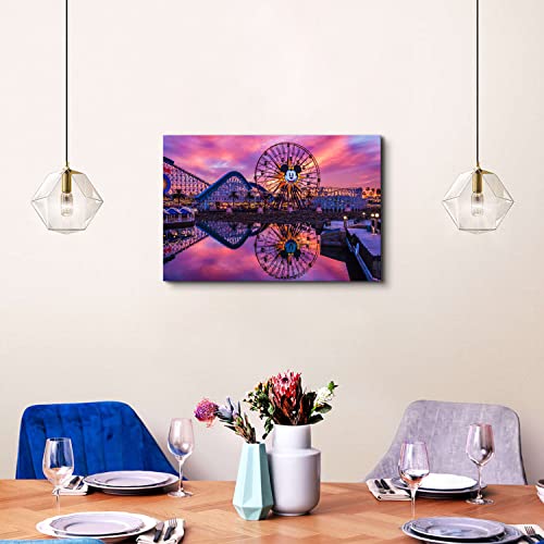 Image of Disney Canvas Wall Art Sunset Disneyland Ferris Wheel Picture Wall Decor for Girls Women Room Decor, Anime Castle Park Landscape Painting Prints Photo Panoramic Artwork Living Room Bedroom Decorations 16x24 inch