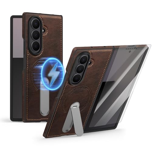 Étui Samsung Galaxy Z Fold 7 café en cuir magnétique avec protection d'écran intégrée