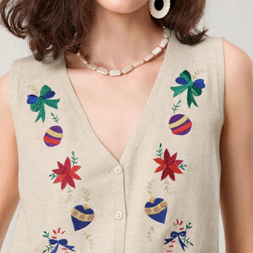 Image of KMBANGI Women Christmas Button Sweater Vest Embroidery Sleeveless Cardigan