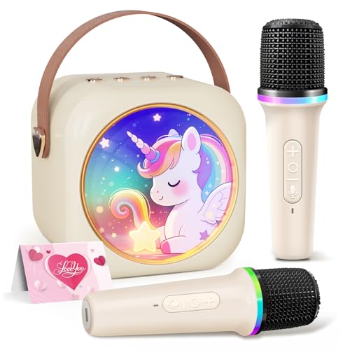 Karaoke Machine for Kids with 2 Wireless Microphones Girls Speaker with Unicorn Colorful LED Lights Birthday Gift for 3-12 Years Old Portable Toys for Home Party