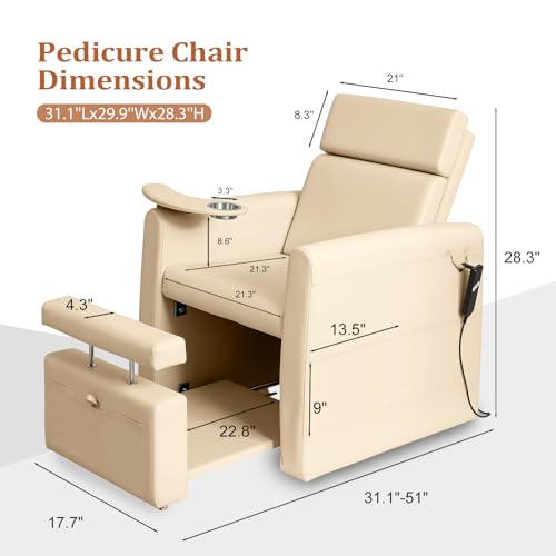 OmySalon Electric Pedicure Chair w/Adjustable Backrest, Movable Cup Holder & Hidden Storage Platform, Full-Floor Support Pedi Station for Professional Nail Tech Supplies Spa Salon (Bleached Sand) - Thumbnail 3