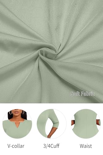 Image of Nmoder Midi Dresses for Women A-Line Fit and Flare Dress 3 /4 Sleeve V Neck Cocktail Wedding Guest Work Dress with Pockets